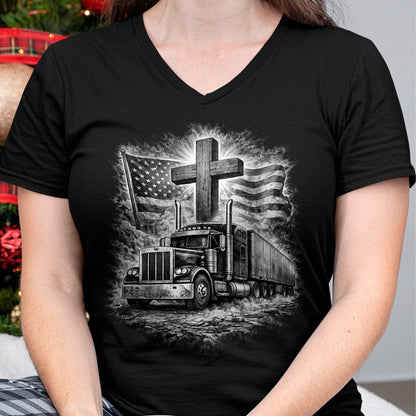 Best Truck Driver Life Shirt, Funny Trucker UnisexT-Shirt/Hoodie/Sweatshirt HLT00 - Trucker Patriotic American Flag Christian Cross Semi Truck T-Shirt