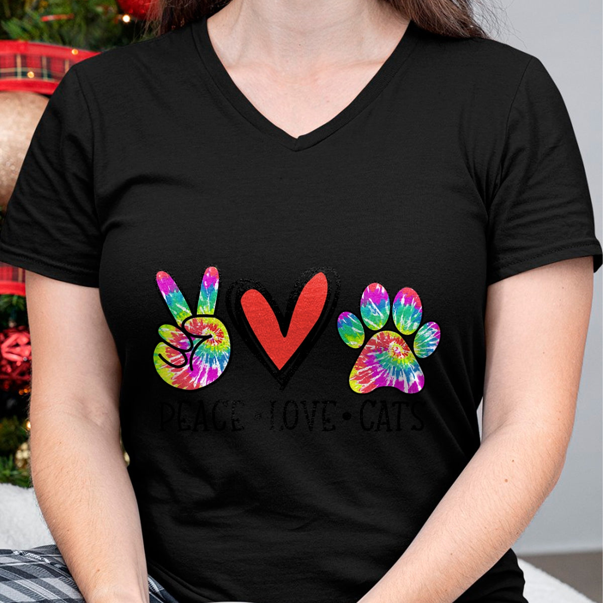Cat Love Shirt, Funny Cat Lover Gift UnisexT-Shirt/Hoodie/Sweatshirt HLT00 - Peace Love Cats Paws Tie Dye Rainbow Animal Rescue Womens T-Shirt