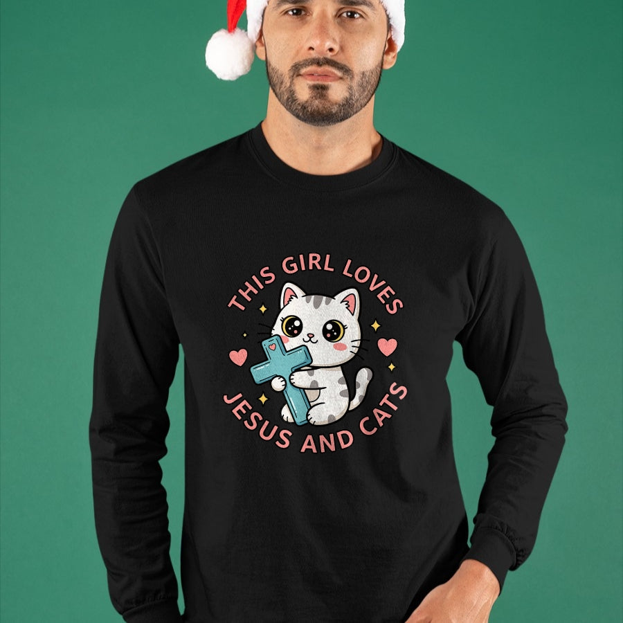 Cat Love Shirt, Funny Cat Lover Gift UnisexT-Shirt/Hoodie/Sweatshirt HLT00 - Christian This Girl Loves Jesus and Cats Cat Hugging Cross T-Shirt