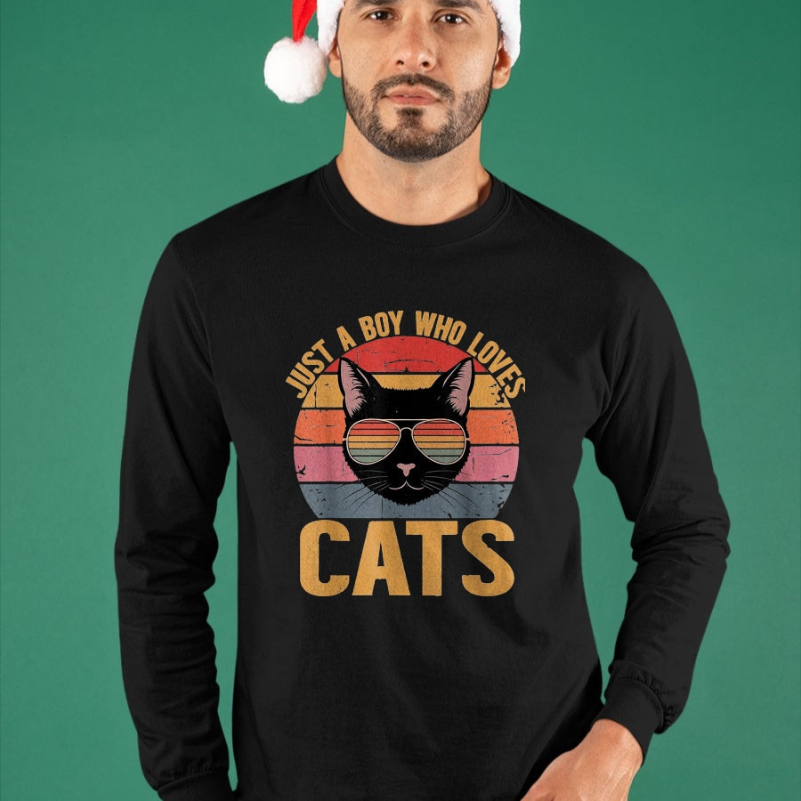 Cat Love Shirt, Funny Cat Lover Gift UnisexT-Shirt/Hoodie/Sweatshirt HLT00 - Just A Boy Who Loves Cats Retro Cat Lover Boys Kids T-Shirt, Youth, Black, Small
