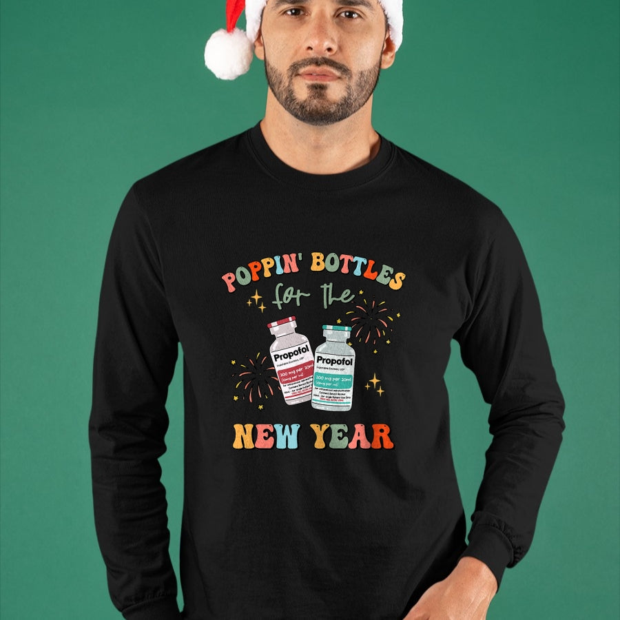 Funny Nurse Shirt, Nurse Unisex T-Shirt/Hoodie/Sweatshirt HLT00 -ICU Nurse New Year Eve Outfit Poppin Bottles ER RN CNA Nurse T-Shirt