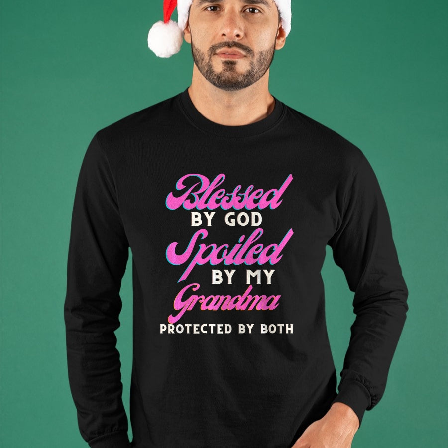 Best Grandma Shirt, Proud Grandma Unisex T-Shirt/Hoodie/Sweatshirt HLT00 - Blessed By God Spoiled By My Grandma Protected By Both Premium T-Shirt