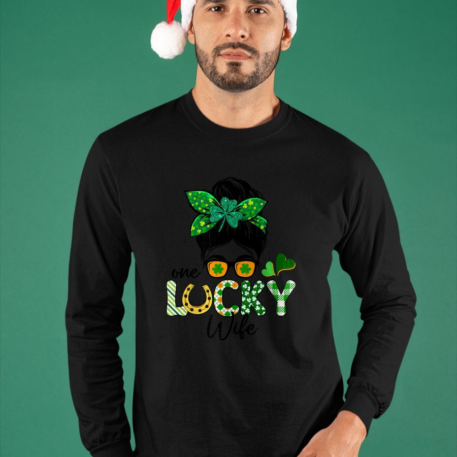 Best Wife Shirt, Wife and Husband Unisex T-Shirt/Hoodie/Sweatshirt HLT00 - Gift for wife T shirt, lucky wife   One Lucky Wife Messy Bun Irish St Patricks Day Shamrock T-Shirt