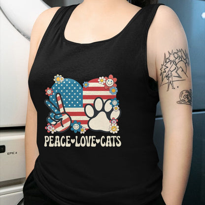 Cat Love Shirt, Funny Cat Lover Gift UnisexT-Shirt/Hoodie/Sweatshirt HLT00 - Peace Love Cats American Flag Patriotic Cat Lover Retro Cat T-Shirt