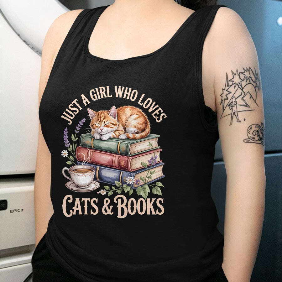 Cat Love Shirt, Funny Cat Lover Gift UnisexT-Shirt/Hoodie/Sweatshirt HLT00 - Just A Girl Who Loves Cats and Books Reading Librarian T-Shirt (1)