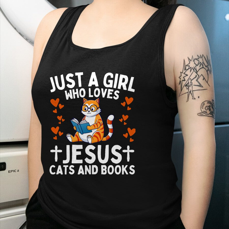 Cat Love Shirt, Funny Cat Lover Gift UnisexT-Shirt/Hoodie/Sweatshirt HLT00 - Just A Girl Who Loves Jesus Cats and Books Christian T-Shirt (1)