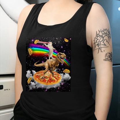 Cat Love Shirt, Funny Cat Lover Gift UnisexT-Shirt/Hoodie/Sweatshirt HLT00 - Galaxy Laser Cat on Dinosaur on Pizza with Tacos & Rainbow T-Shirt
