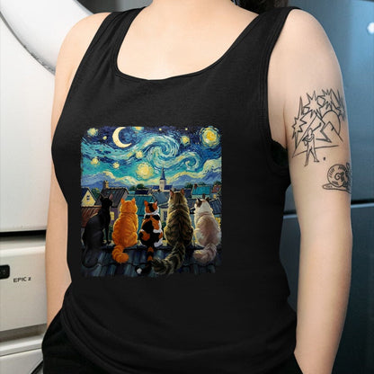 Cat Love Shirt, Funny Cat Lover Gift UnisexT-Shirt/Hoodie/Sweatshirt HLT00 - Funny Cat Starry Night Van Gogh Cats Rooftop Scene Feline T-Shirt, Women, Black, 3X-Large