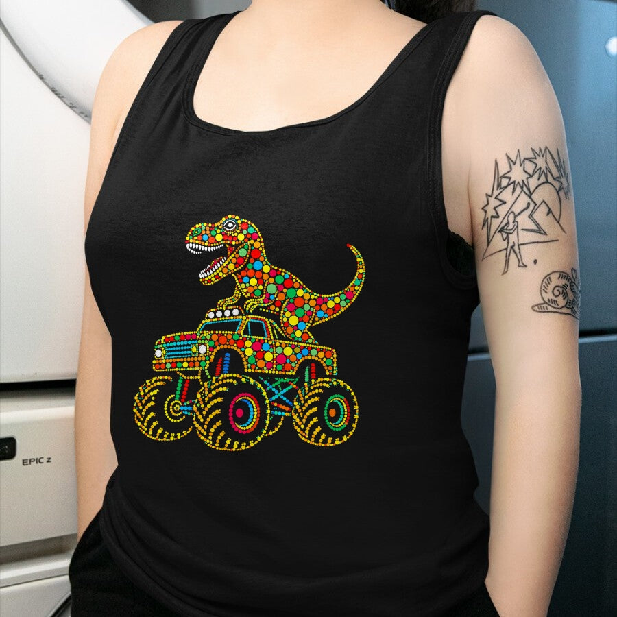 Best Dinosaur Lover Shirt, Funny Dinosaur UnisexT-Shirt/Hoodie/Sweatshirt HLT00 - Colorful Polka Dot Dinosaur Riding Monster Truck Toddler Boy T-Shirt
