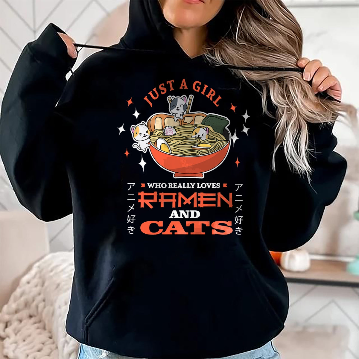 Cat Love Shirt, Funny Cat Lover Gift UnisexT-Shirt/Hoodie/Sweatshirt HLT00 - Just a girl who really loves Ramen and cats Design T-Shirt