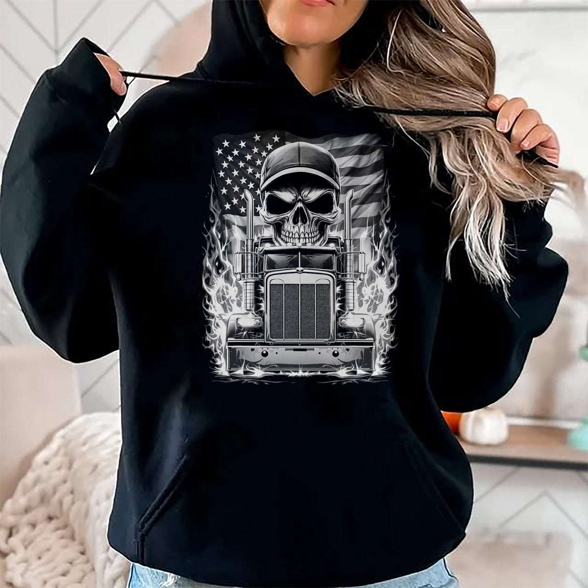 Best Truck Driver Life Shirt, Funny Trucker UnisexT-Shirt/Hoodie/Sweatshirt HLT00 - Trucker Patriotic American Flag Semi Truck Driver Skull T-Shirt
