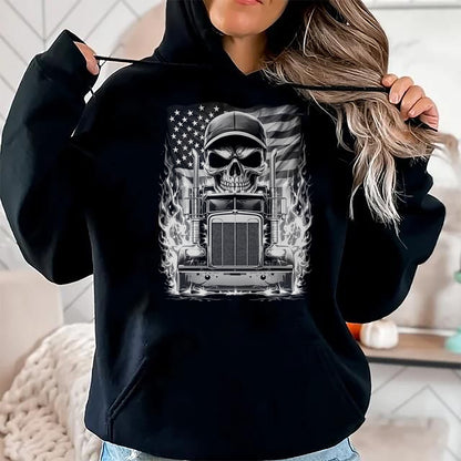 Best Truck Driver Life Shirt, Funny Trucker UnisexT-Shirt/Hoodie/Sweatshirt HLT00 - Trucker Patriotic American Flag Semi Truck Driver Skull T-Shirt