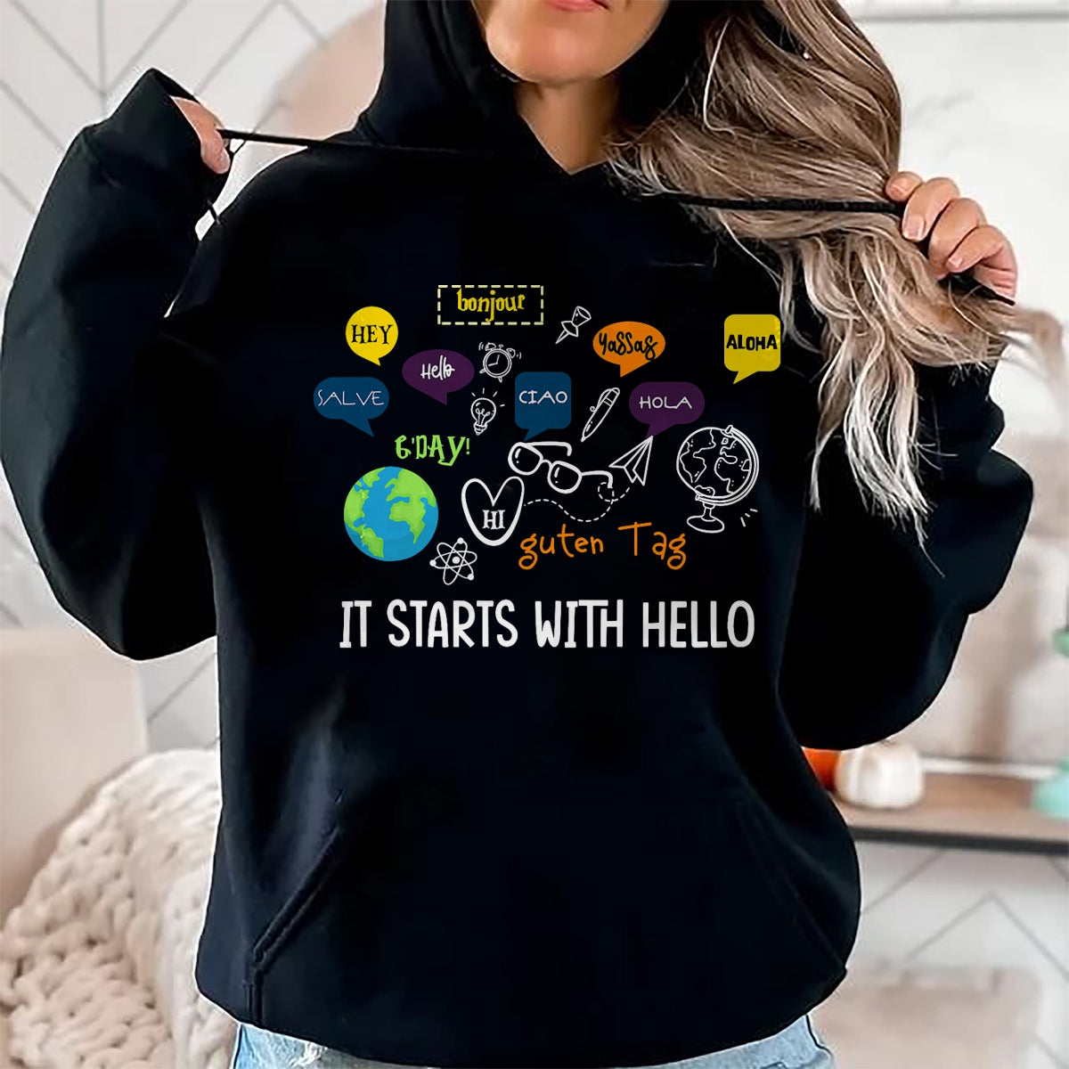 Best Teacher Shirt, Funny Teacher UnisexT-Shirt/Hoodie/Sweatshirt HLT00 - It Starts with Hello Friendship Inclusion Language Teacher T-Shirt (1)