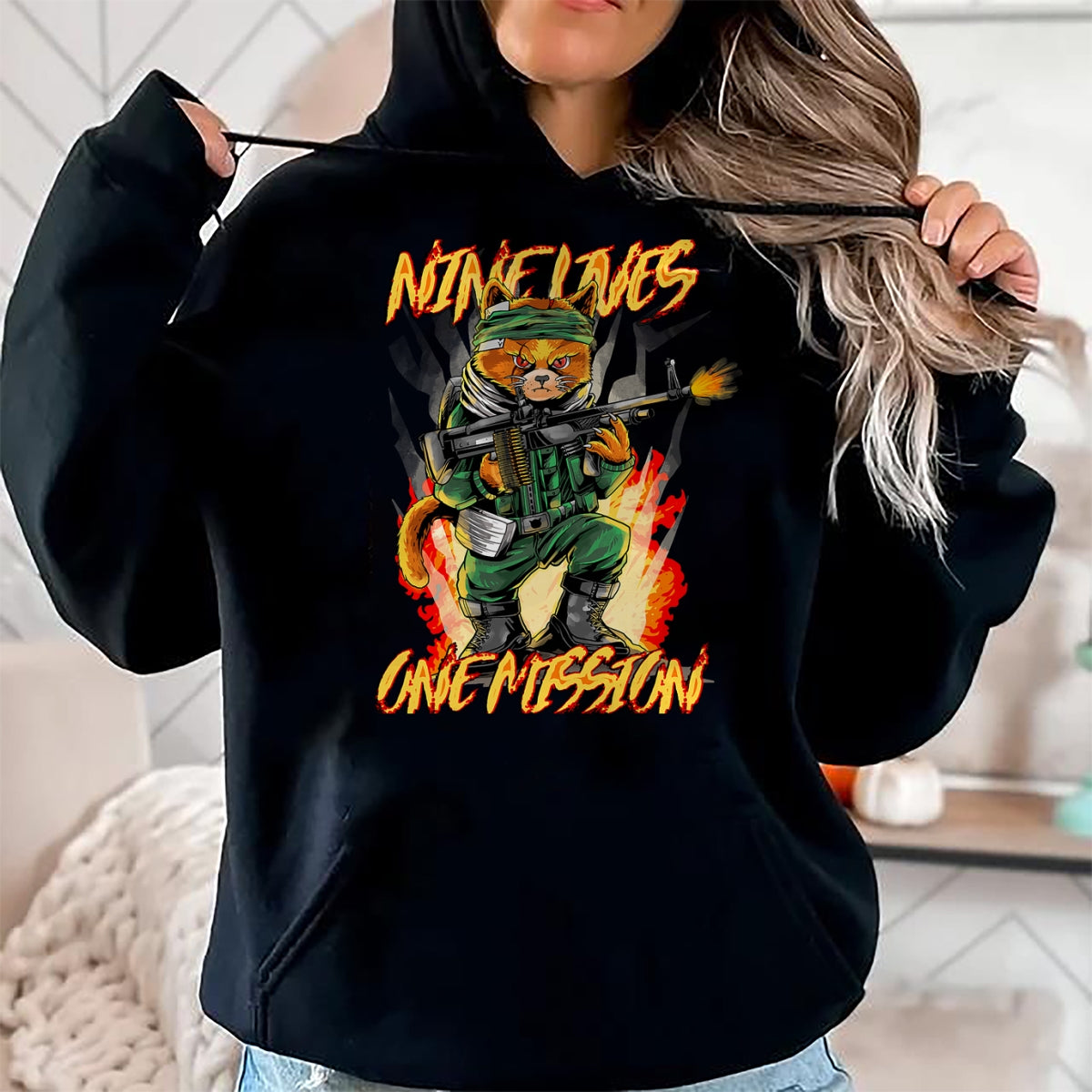 Cat Love Shirt, Funny Cat Lover Gift UnisexT-Shirt/Hoodie/Sweatshirt HLT00 - Nine Lives One Mission Cat with M60 Machine Gun Graphic T-Shirt