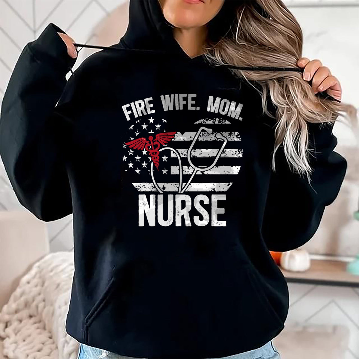 Funny Nurse Shirt, Nurse Unisex T-Shirt/Hoodie/Sweatshirt HLT00 - Fire Wife Mom Nurse Proud Firefighter Wife Nurse T-Shirt