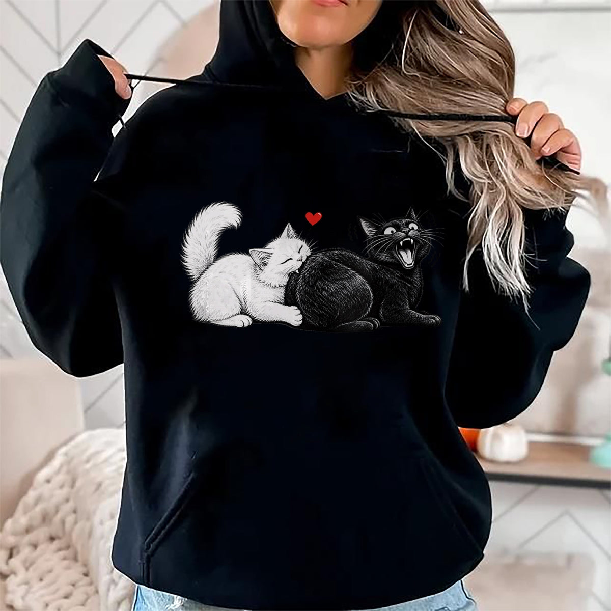 Cat Love Shirt, Funny Cat Lover Gift UnisexT-Shirt/Hoodie/Sweatshirt HLT00 - Women_s Funny Cat Couple Black White Cats Love Cat Biting Cat Butt V-Neck T-Shirt