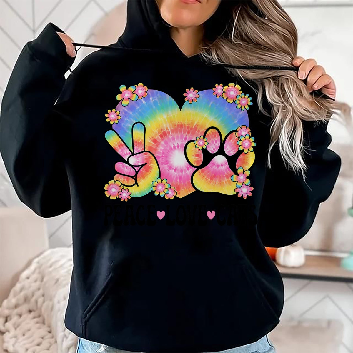 Cat Love Shirt, Funny Cat Lover Gift UnisexT-Shirt/Hoodie/Sweatshirt HLT00 - Peace Love Cats Owner 60s 70s Hippie Outfit Cute Cat Lover Men Women Kids T-Shirt