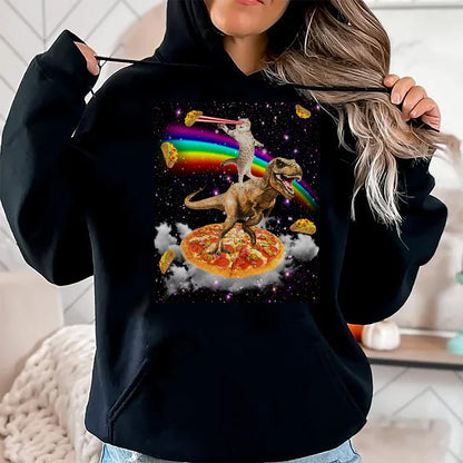 Cat Love Shirt, Funny Cat Lover Gift UnisexT-Shirt/Hoodie/Sweatshirt HLT00 - Galaxy Laser Cat on Dinosaur on Pizza with Tacos & Rainbow T-Shirt