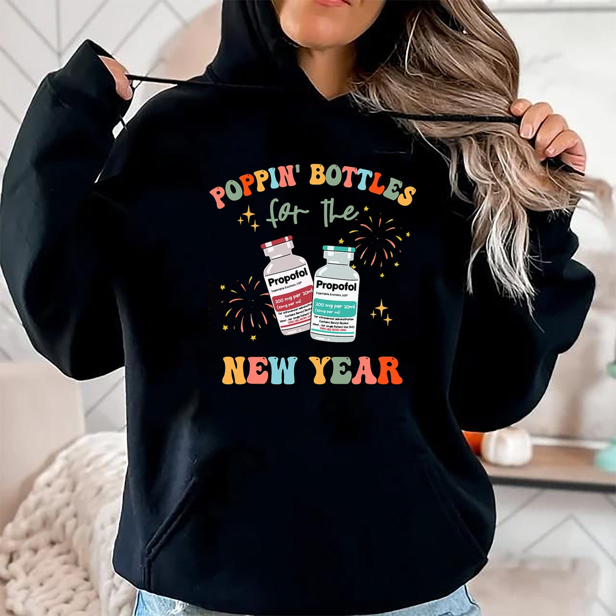 Funny Nurse Shirt, Nurse Unisex T-Shirt/Hoodie/Sweatshirt HLT00 -ICU Nurse New Year Eve Outfit Poppin Bottles ER RN CNA Nurse T-Shirt