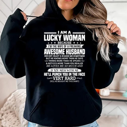 Best Wife Shirt, Wife and Husband Unisex T-Shirt/Hoodie/Sweatshirt HLT00 - Gift for wife T shirt, lucky wife   A Lucky Woman I'm the wife of a freaking awesome husband T-Shirt (1)