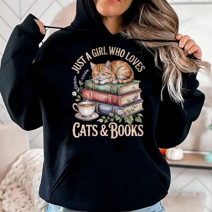Cat Love Shirt, Funny Cat Lover Gift UnisexT-Shirt/Hoodie/Sweatshirt HLT00 - Just A Girl Who Loves Cats and Books Reading Librarian T-Shirt (1)
