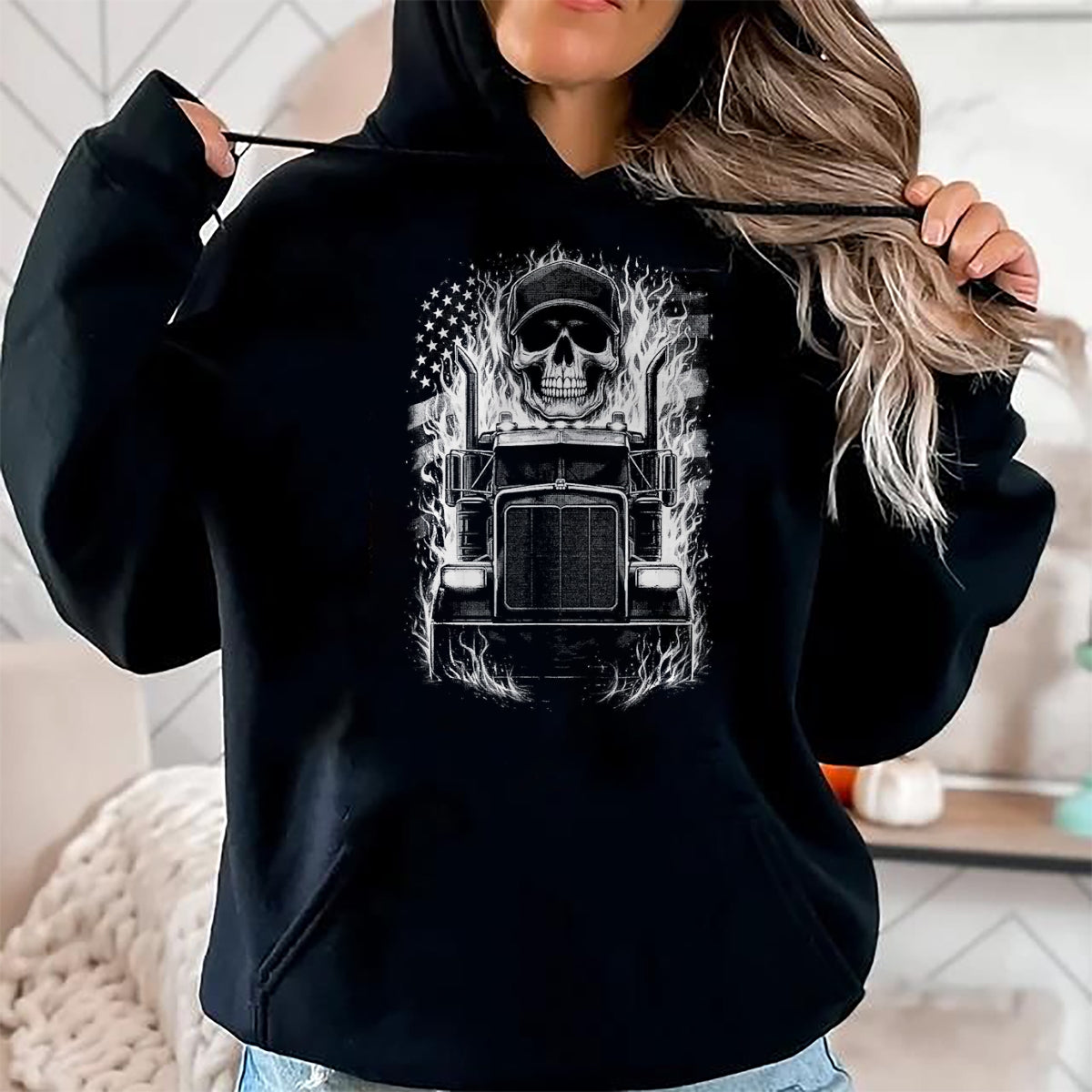 Best Truck Driver Life Shirt, Funny Trucker UnisexT-Shirt/Hoodie/Sweatshirt HLT00 - Trucker Patriotic American Flag Semi Truck Driver Skull T-Shirt, Men, Black, Medium