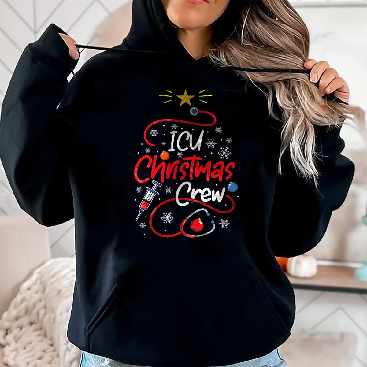 Funny Nurse Shirt, Nurse Unisex T-Shirt/Hoodie/Sweatshirt HLT00 - Nurse ICU Christmas Crew Nursing Christmas lights T-Shirt