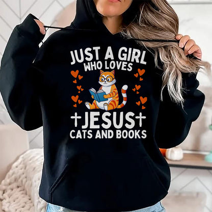 Cat Love Shirt, Funny Cat Lover Gift UnisexT-Shirt/Hoodie/Sweatshirt HLT00 - Just A Girl Who Loves Jesus Cats and Books Christian T-Shirt (1)