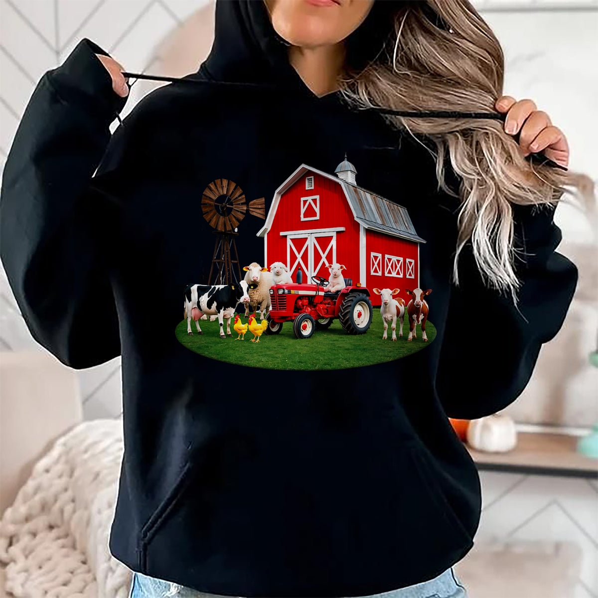 Best Farmer Life Shirt, Funny Farmer UnisexT-Shirt/Hoodie/Sweatshirt HLT00 - Red Barn Tractor with Farm Animals Country Living T-Shirt