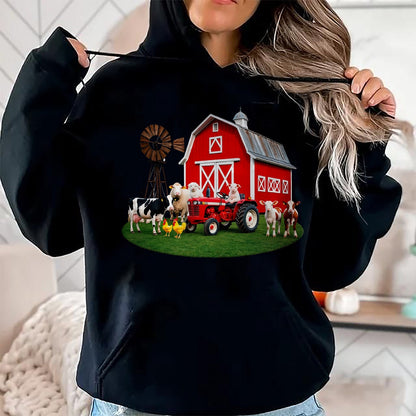 Best Farmer Life Shirt, Funny Farmer UnisexT-Shirt/Hoodie/Sweatshirt HLT00 - Red Barn Tractor with Farm Animals Country Living T-Shirt