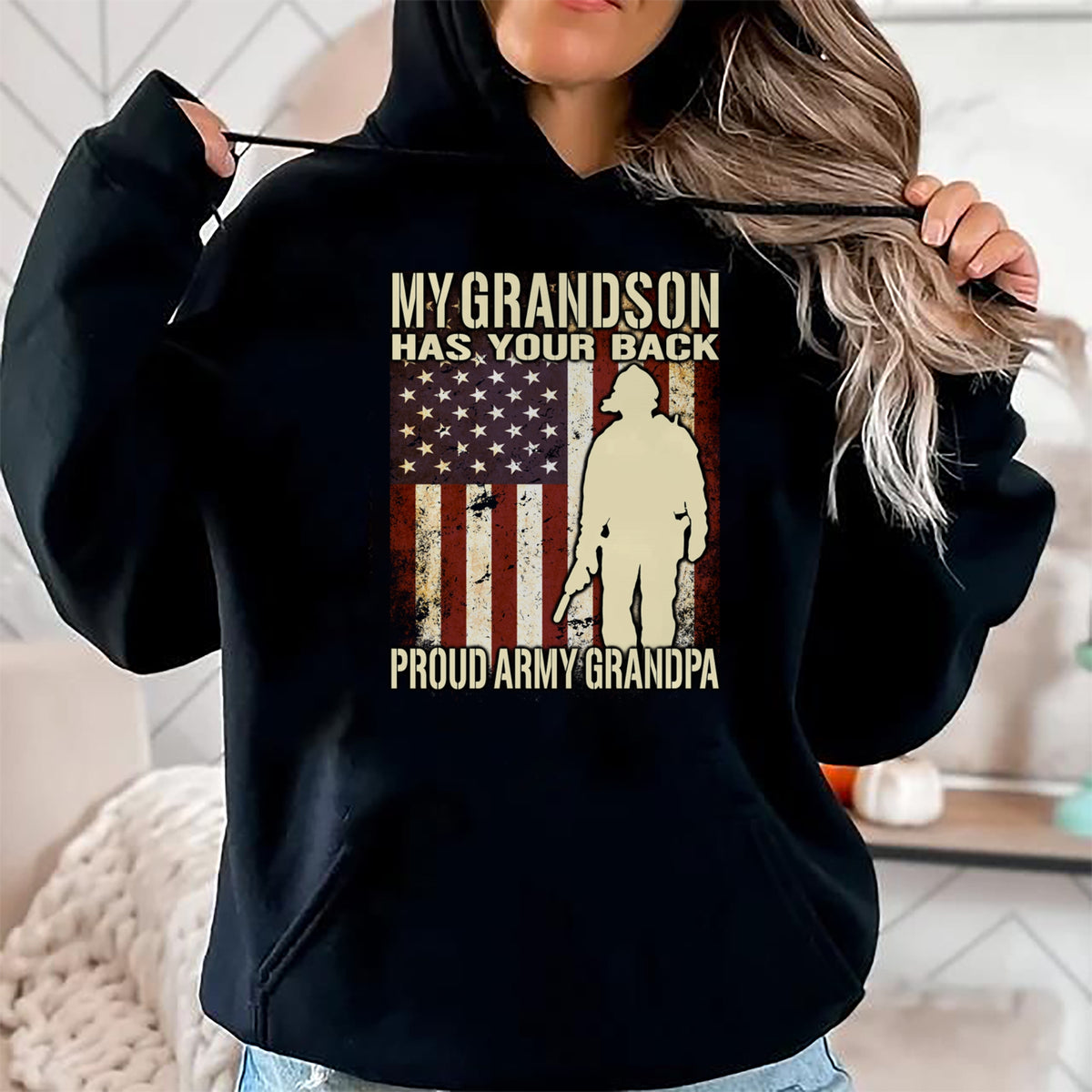 Best Grandpa Shirt, Proud Grandpa Unisex T-Shirt/Hoodie/Sweatshirt HLT00 - My Grandson Has Your Back - US Flag Proud Army Grandpa Gift Long Sleeve T-Shirt