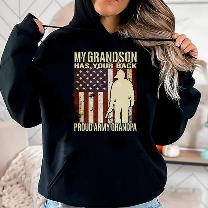Best Grandpa Shirt, Proud Grandpa Unisex T-Shirt/Hoodie/Sweatshirt HLT00 - My Grandson Has Your Back - US Flag Proud Army Grandpa Gift Long Sleeve T-Shirt