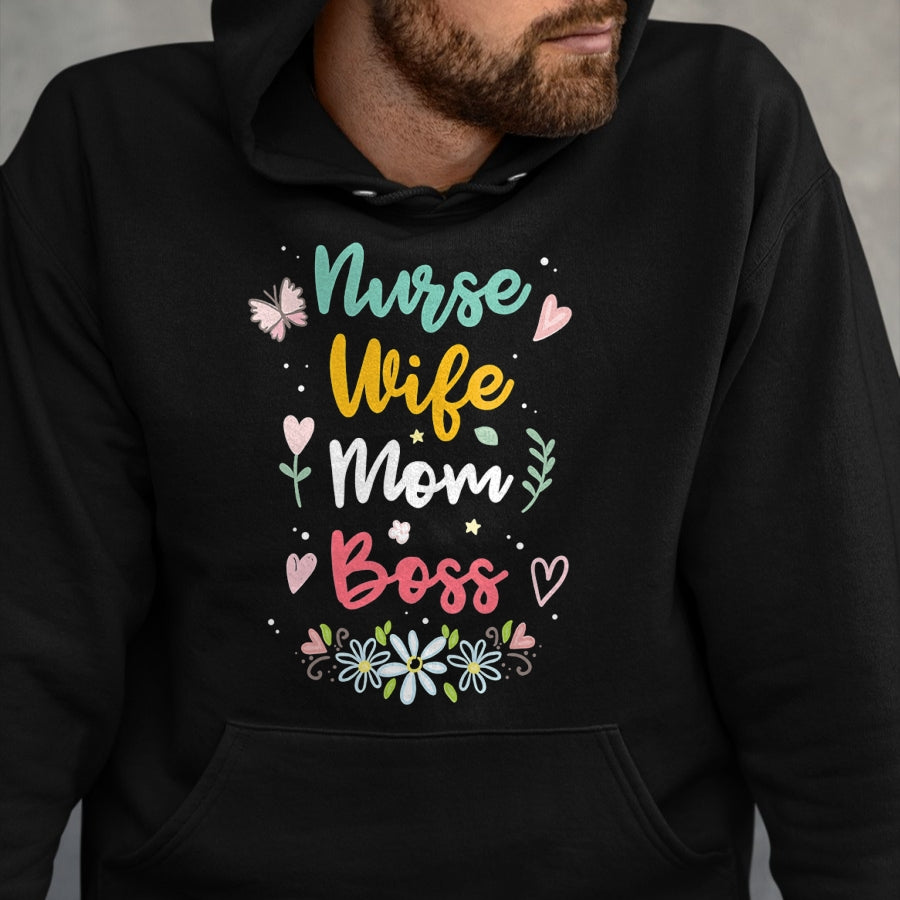 Funny Nurse Shirt, Nurse Unisex T-Shirt/Hoodie/Sweatshirt HLT00 - Womens Nurse Wife Mom Boss V-Neck T-Shirt
