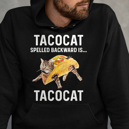 Cat Love Shirt, Funny Cat Lover Gift UnisexT-Shirt/Hoodie/Sweatshirt HLT00 - Tacocat Spelled Backward is Tacocat - Love Cat and Taco T-Shirt, Men, Black, Medium