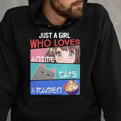 Cat Love Shirt, Funny Cat Lover Gift UnisexT-Shirt/Hoodie/Sweatshirt HLT00 - Just A Girl Who Loves Anime Cats & Ramen Lover Kawaii Otaku Long Sleeve T-Shirt