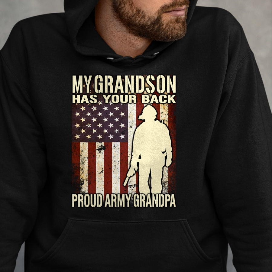 Best Grandpa Shirt, Proud Grandpa Unisex T-Shirt/Hoodie/Sweatshirt HLT00 - My Grandson Has Your Back - US Flag Proud Army Grandpa Gift Long Sleeve T-Shirt