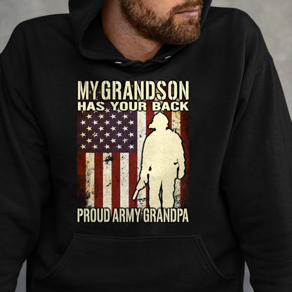 Best Grandpa Shirt, Proud Grandpa Unisex T-Shirt/Hoodie/Sweatshirt HLT00 - My Grandson Has Your Back - US Flag Proud Army Grandpa Gift Long Sleeve T-Shirt