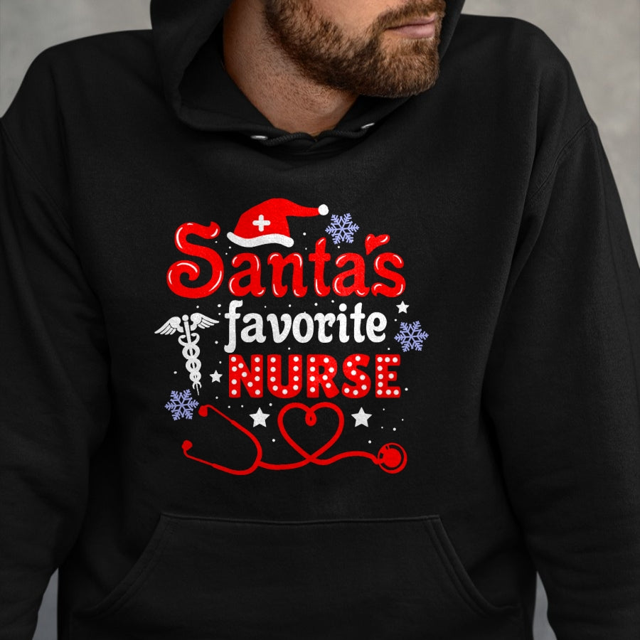 Funny Nurse Shirt, Nurse Unisex T-Shirt/Hoodie/Sweatshirt HLT00 - Santa's Favorite Nurse Christmas Short Sleeve T-Shirt