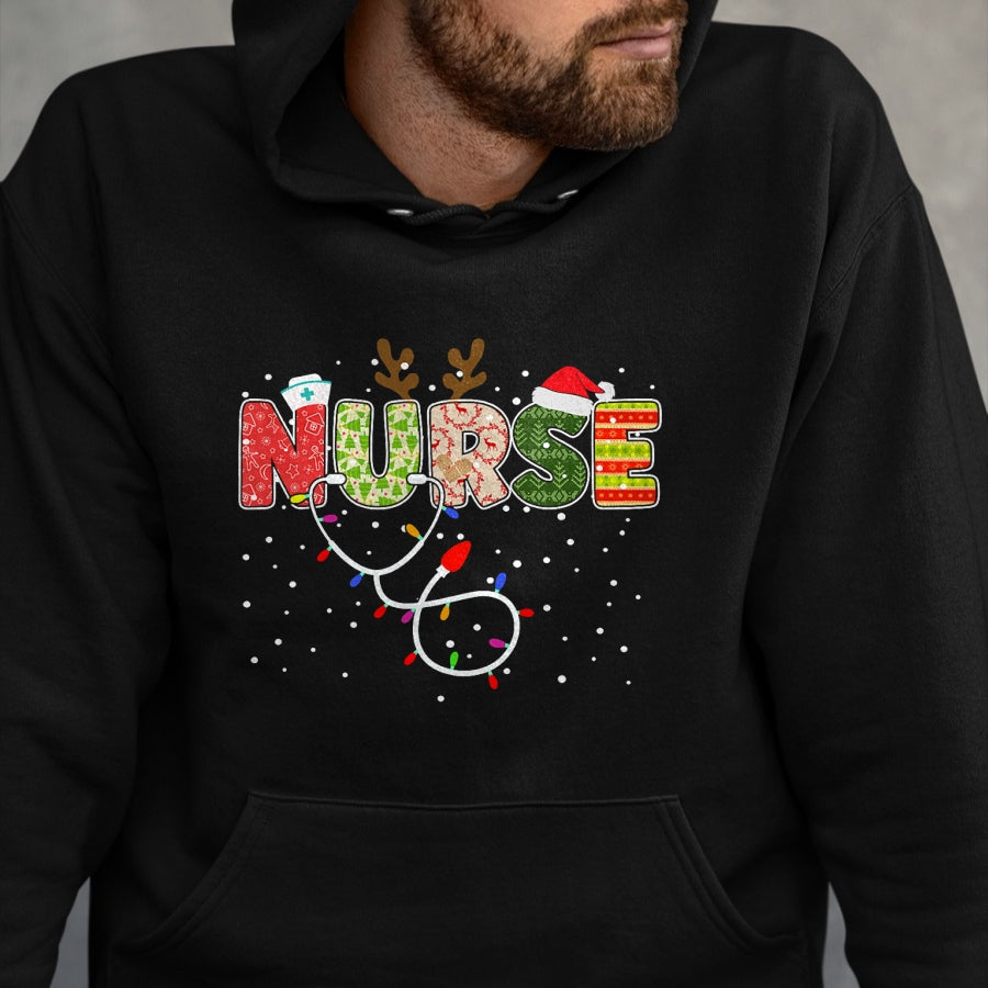 Funny Nurse Shirt, Nurse Unisex T-Shirt/Hoodie/Sweatshirt HLT00 - Stethoscope Santa Hat Reindeer Xmas Christmas Nurse T-Shirt