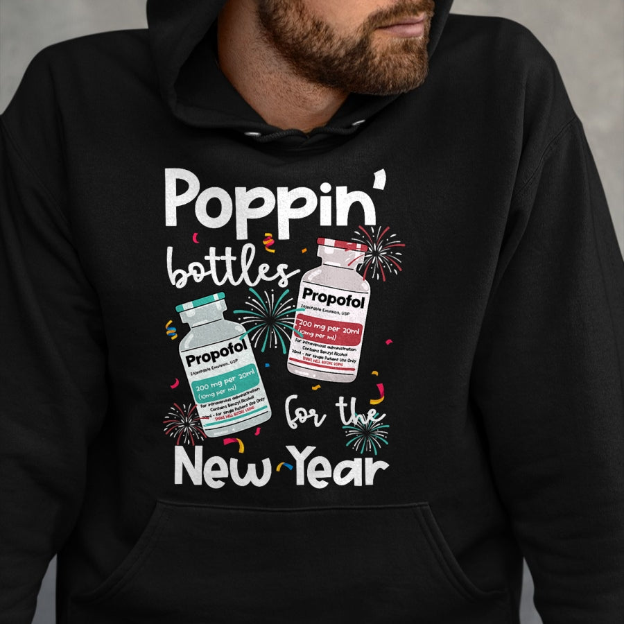 Funny Nurse Shirt, Nurse Unisex T-Shirt/Hoodie/Sweatshirt HLT00 - ICU Nurses New Year Eve Outfits Poppin Bottles PICU ER Nurse T-Shirt