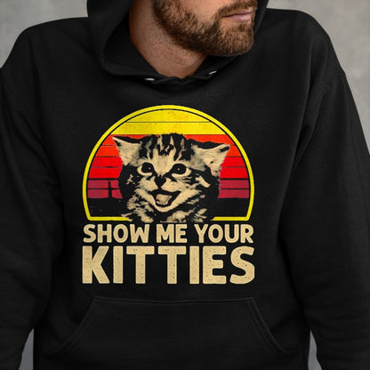 Cat Love Shirt, Funny Cat Lover Gift UnisexT-Shirt/Hoodie/Sweatshirt HLT00 - Show me Your Kitties Cat Lover Retro Vintage Sunset T-Shirt, Men, Black, 3X-Large