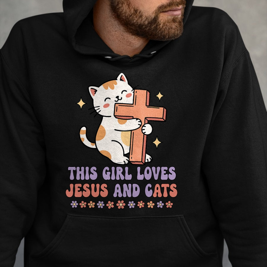 Cat Love Shirt, Funny Cat Lover Gift UnisexT-Shirt/Hoodie/Sweatshirt HLT00 - Christian This Girl Loves Jesus and Cats Cat Hugging Cross T-Shirt (1)