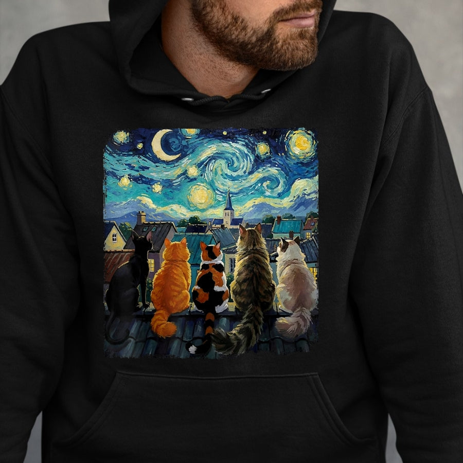 Cat Love Shirt, Funny Cat Lover Gift UnisexT-Shirt/Hoodie/Sweatshirt HLT00 - Funny Cat Starry Night Van Gogh Cats Rooftop Scene Feline T-Shirt, Women, Black, 3X-Large