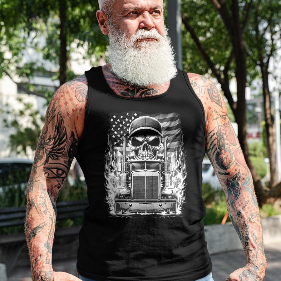 Best Truck Driver Life Shirt, Funny Trucker UnisexT-Shirt/Hoodie/Sweatshirt HLT00 - Trucker Patriotic American Flag Semi Truck Driver Skull T-Shirt (2)