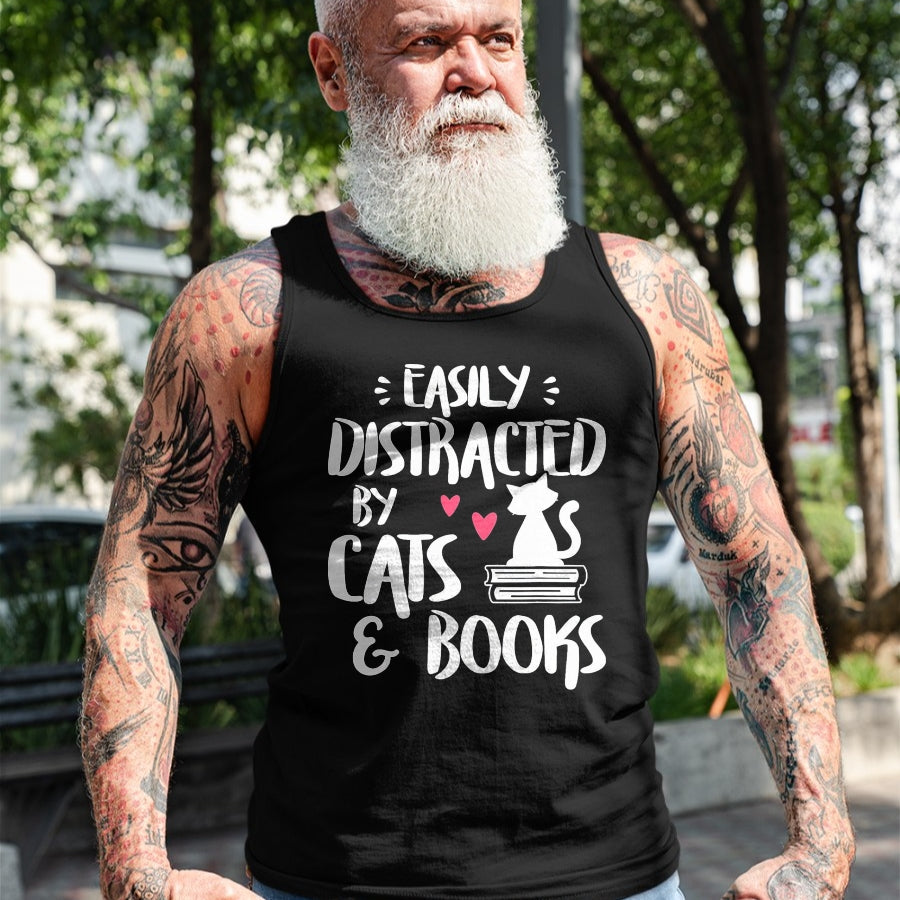 Cat Love Shirt, Funny Cat Lover Gift UnisexT-Shirt/Hoodie/Sweatshirt HLT00 - Easily Distracted by Cats and Books - Cat & Book Lover T-Shirt