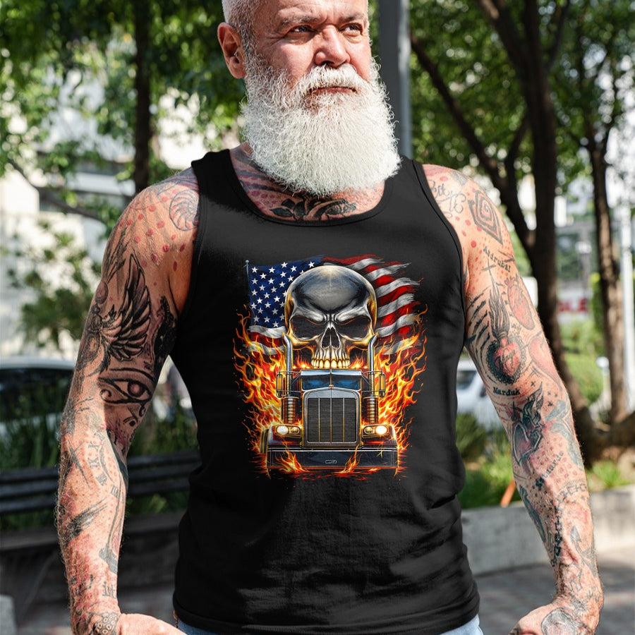 Best Truck Driver Life Shirt, Funny Trucker UnisexT-Shirt/Hoodie/Sweatshirt HLT00 - Trucker Patriotic American Flag Semi Truck Driver Skull T-Shirt (3)