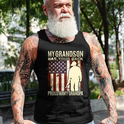 Best Grandpa Shirt, Proud Grandpa Unisex T-Shirt/Hoodie/Sweatshirt HLT00 - My Grandson Has Your Back - US Flag Proud Army Grandpa Gift Long Sleeve T-Shirt