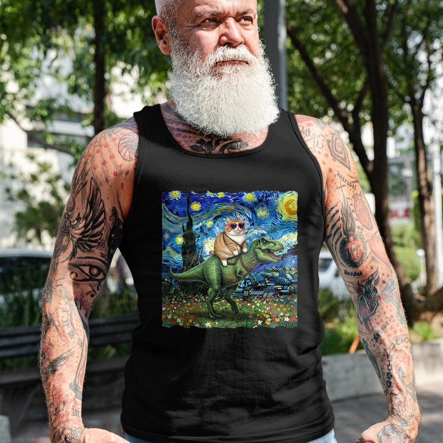 Cat Love Shirt, Funny Cat Lover Gift UnisexT-Shirt/Hoodie/Sweatshirt HLT00 - Cat Riding Dinosaur T-Rex Starry Night Van Gogh Cat Lover T-Shirt