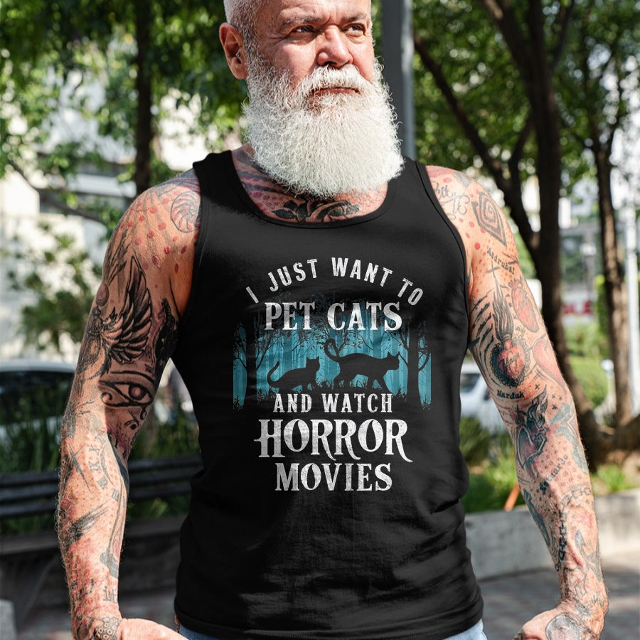 Cat Love Shirt, Funny Cat Lover Gift UnisexT-Shirt/Hoodie/Sweatshirt HLT00 - Funny I Just Want to Pet Cats and Watch Horror Movies Lover T-Shirt, Men, Black, 3X-Large