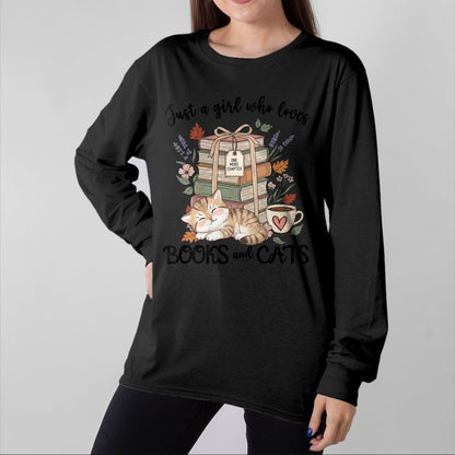 Cat Love Shirt, Funny Cat Lover Gift UnisexT-Shirt/Hoodie/Sweatshirt HLT00 - Pretty Just a Girl Who Loves Books and Cats Cat Lover Long Sleeve T-Shirt